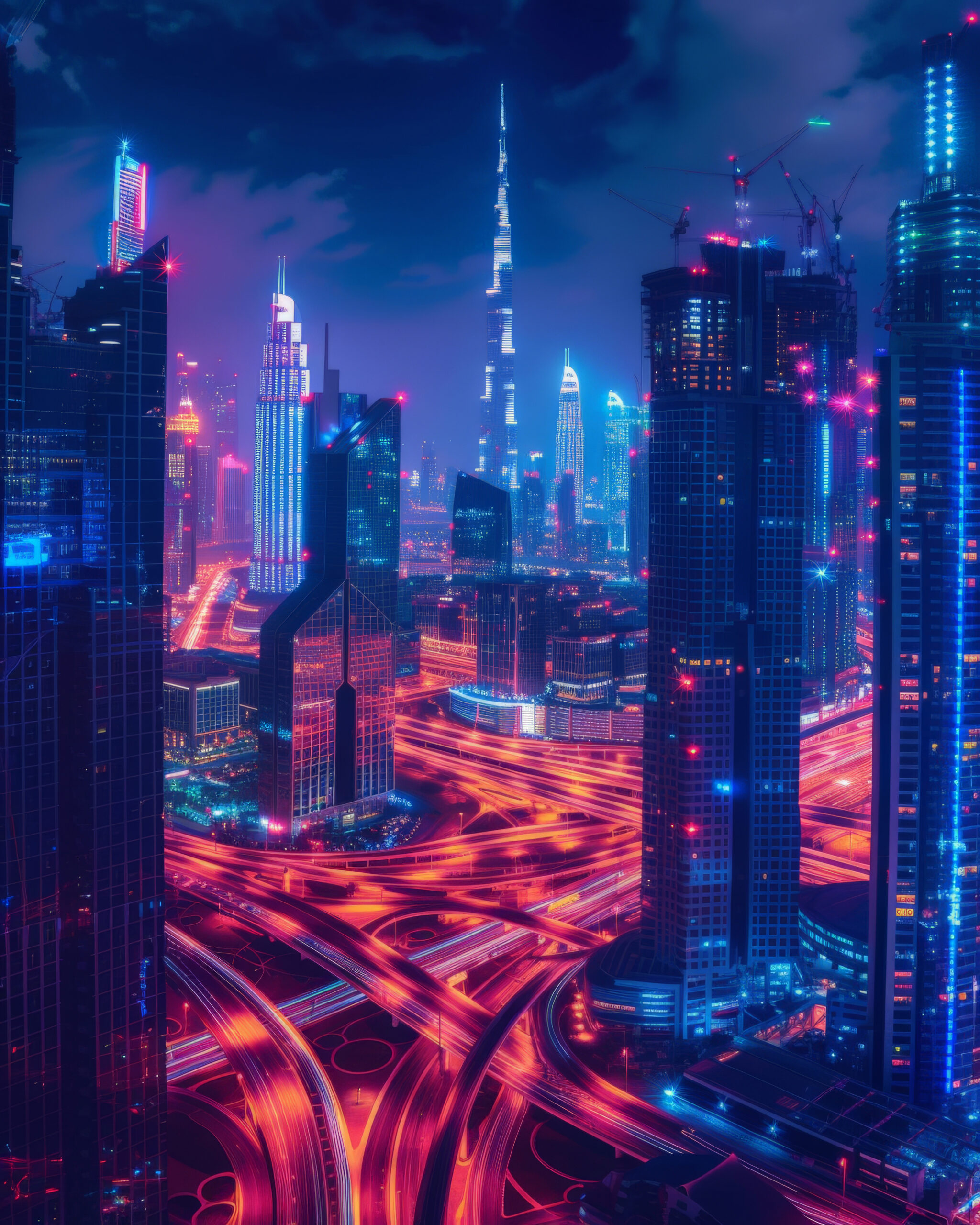 panoramic views dubai city illuminated neon spectrum scaled